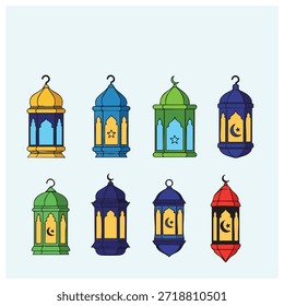 Ocho faroles en diferentes colores y diseño islámico
