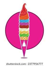 Aacht Lagen Eis-Creme-Kegel oder weiche Creme-Konus-Zeichnung auf buntem Cartoon-Vektor