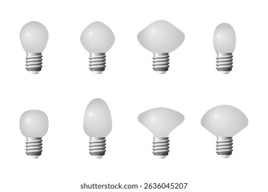 Oito lâmpadas são exibidas, apresentando uma variedade de formas e tamanhos, sugerindo opções para diferentes aplicações de iluminação e preferências de design, tudo contra um fundo branco limpo