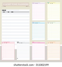 Eight light tone planners.