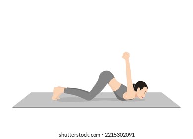 Eight Limbed Pose Bound Hands. Beautiful girl practice Ashtangasana Baddha Hasta. Young attractive woman practicing yoga exercise. working out, black wearing sportswear, grey pants and top, indoor