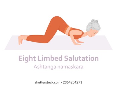 Eight Limbed Salutation Yoga pose. Ashtanga namaskara. Elderly woman practicing yoga asana. Healthy lifestyle. Flat cartoon character. Vector illustration