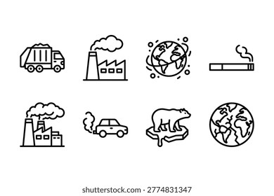 Eight line icons representing pollution and environmental issues isolated on transparent background