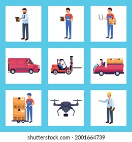 ocho iconos de caracteres de trabajadores logísticos