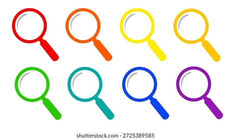 Oito lentes de aumento, cada uma em uma cor vibrante diferente, são organizadas em um padrão. Eles apresentam linhas limpas e um estilo minimalista contra um fundo branco. Esse visual pode ser utilizado para tópicos referentes a pesquisa, análise ou processo de descoberta. Ele se presta a várias aplicações comerciais e informativas.