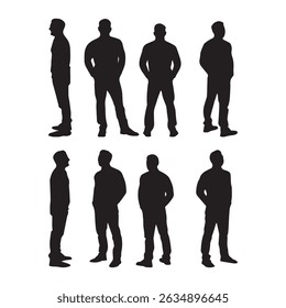 Eight male silhouettes standing in various poses casual business attire