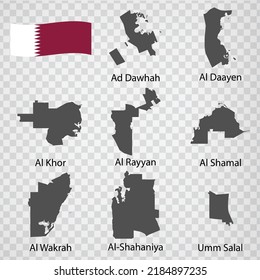 Eight Maps  Municipalities of Qatar - alphabetical order with name. Every single map of Region  are listed and isolated with wordings and titles. Qatar. EPS 10.