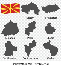 Eight Maps  Regions of North Macedonia - alphabetical order with name. Every single map of Region  are listed and isolated with wordings and titles. North Macedonia. EPS 10.