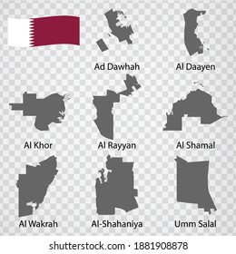 Eight Maps Regions of Qatar - alphabetical order with name. Every single map of  Municipalitie are listed and isolated with wordings and titles. Qatar. EPS 10.