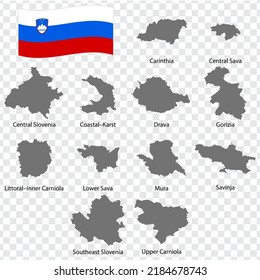 Eight Maps  Regions of Slovenia - alphabetical order with name. Every single map of Region  are listed and isolated with wordings and titles. Slovenia. EPS 10.