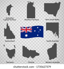 Eight Maps States of Australia - alphabetical order with name. Every single map of  States Australia are listed and isolated with wordings and titles.  EPS 10.