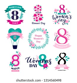 Eight march badges. International Womens Day congratulations, 8 logo and happy woman badge greeting card. Spring female day quote label. Vector illustration isolated symbols set