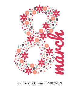 Eight march design with 8 from flowers on white background for greeting card vector illustration. Floral poster to international women's day