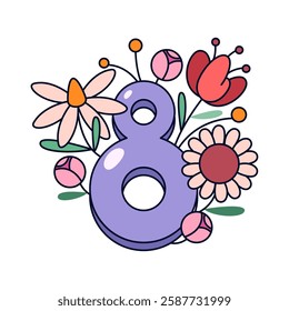 Eight march vector sign with flowers. Womens international day or woman holiday sign. Flowers and 8 digit for lady festive clipart. Womanhood seasonal greeting card. Female and feminism theme.