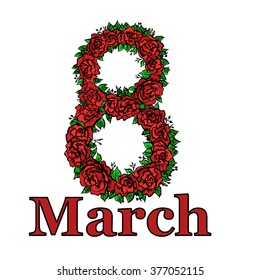 Eight of March. Woman Day card. Eight by roses white isolation. Vector stock background