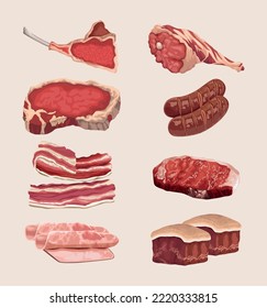 eight meat differents cuts icons