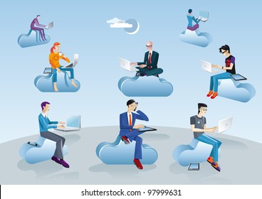 Eight men of different ages, clothing and styles (executive, informal, creative, geek, etc) working in the cloud with laptops, smartphones and tablets.