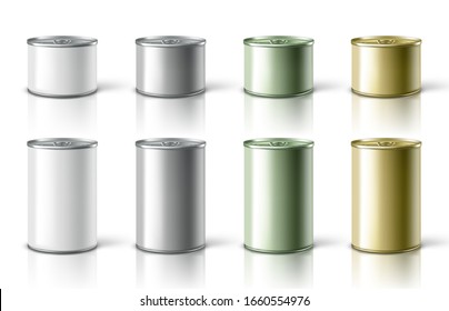 Eight metallic Tin Cans different colors. Vector illustration