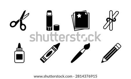 Eight minimalist icons showing scissors paper glue bottle crayon pencil paintbrush and binder clips