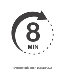 Eight minutes icon. Symbol for product labels. Different uses such as cooking time, cosmetic or chemical application time, waiting time ...
