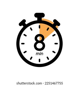 8-minütige Stoppuhr-Symbol, Timer-Symbol, Kochzeit, kosmetische oder chemische Anwendungszeit, 8 Minuten Wartezeit, Vektorgrafik