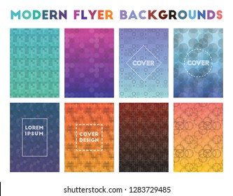 Eight modern flyer backgrounds with abstract geometric patterns. Ideal for business use.