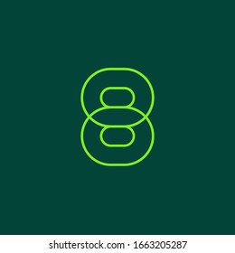 Eight, mono line. Vector sign linear number 8, green overlapping thin lines isolated on dark green background. One rounded digit. Text composition design concept. Creative outline symbol.