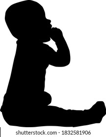 eight months baby sitting from profile with one hand in mouth, child evolution, vector silhouette isolated on white background