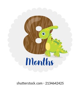 Ocho meses de edad - tarjeta de bebé hito. Diseño bonito con una pequeña ilustración de dino.