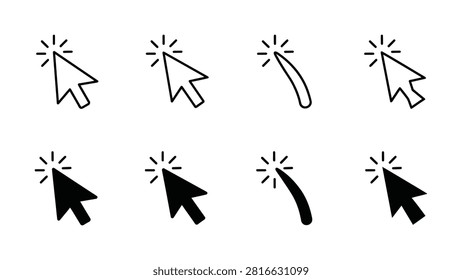 Eight mouse cursor icons demonstrating various click and drag actions on transparent background