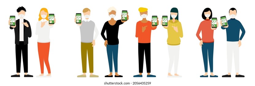 Eight multinational men and women showing the Corona vaccination proof application vaccine passport in their hands.