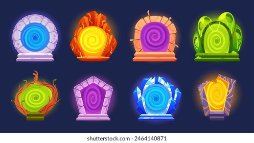 Eight Mystical Magic Portals Each Uniquely Representing Different Elements. Vector Set From Fiery Orange To Forest Green