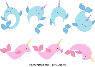 Eight narwhals have different movements, standing or swimming or wagging their tails