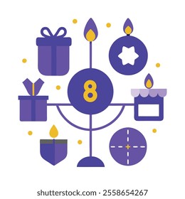 Eight nights of Hanukkah, with symbols for each night like candles, blessings, and gifts