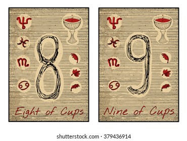 Eight and nine of cups in red. The minor arcana tarot card, vintage hand drawn engraved illustration with mystic symbols.