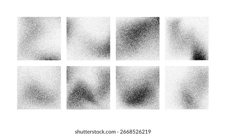 Eight noise grain texture effects illustrated as dark dots that increase in density, creating abstract graphic elements for design overlay.