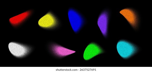 Eight noise liquid shapes displaying diverse colors like red, yellow, blue, purple, orange, white, pink and green, are arranged against a black background.
