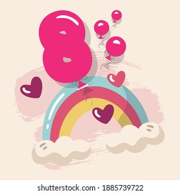 Eight, Number 8 cute Rainbow birthday illustration. 