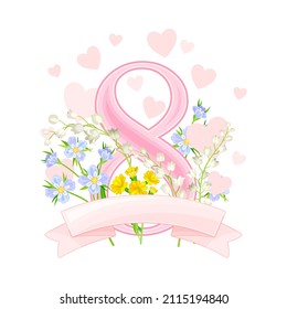 Eight Number Arranged with Blooming Flowers and Hearts as International Women s Day Holiday Attribute Vector Illustration