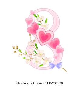 Eight Number Arranged with Blooming Flowers and Hearts as International Women s Day Holiday Attribute Vector Illustration