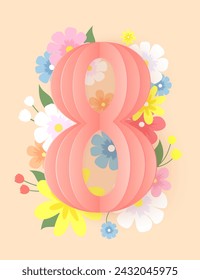 Número ocho con flores y plantas sobre fondo rosa. Tarjeta de felicitación por el Día Internacional de la Mujer. Ilustración vectorial.