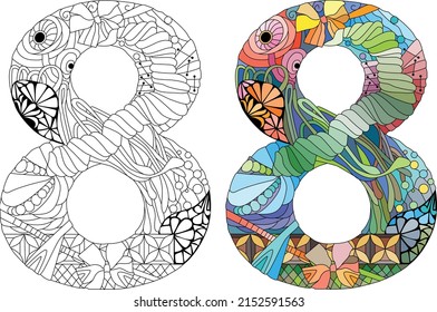Eight number Isolated zentangle illustration for coloring. Color and outline set