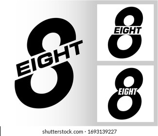 Ocho; numeral y logo de palabra para número. Ocho letras con el diseño del logotipo de ocho figuras. Tipografía de nombres de número.  Estudios de logotipo de texto para todos los números.