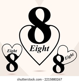 Ocho; numeral y logotipo de palabra para número. Ocho letras con ocho figuras de diseño de logotipo en forma de corazón interior. Diseño tipográfico de nombres numéricos. Diseño de fuentes serias. Estudios de logotipo de texto para todos los números.