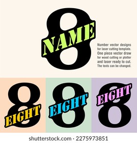 Eight; numeral and word logo for number. Special welded text area and stencil name on the number. Number designs for laser cutting template. Serif font logo and numeral logo studies for all numbers.