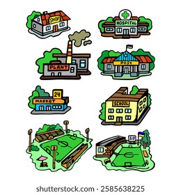 Eight objects of colored urban infrastructure, in a single graphic style, namely a small shop, supermarket, hospital, post office, school, factory and two different football arenas