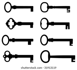 Eight old keys silhouettes