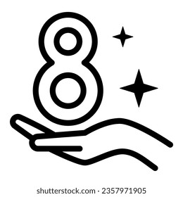 Eight on woman hand line icon, 8 March concept, Happy Women Day sign on white background, Palm with number eight icon in outline style for mobile concept and web design. Vector graphics