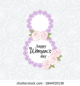Eight with an openwork lilac edge, a bouquet of roses and a place for text on a soft background of white roses. Vector design template for festive design, holiday greeting card, banner and invitation