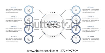Eight option infographic template with a central circle connected to circular elements presenting a structured business or presentation layout